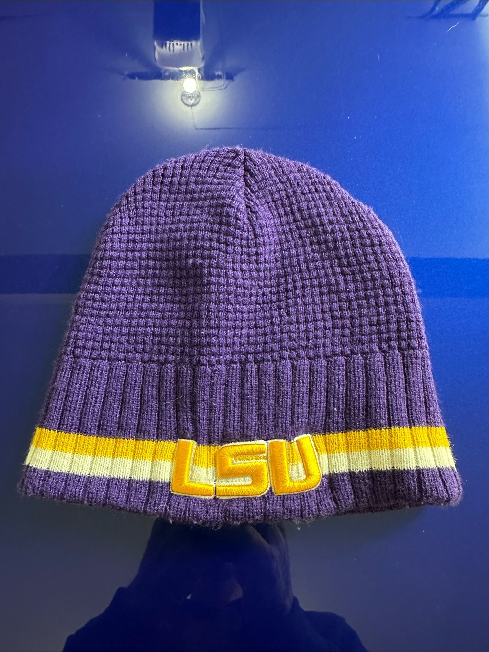 Source Unknown LSU Purple Knit Mens Beanie with Yellow & White Stripes